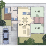 約25坪　平屋間取りプラン　開放感いっぱいのリビング＋和室２つ